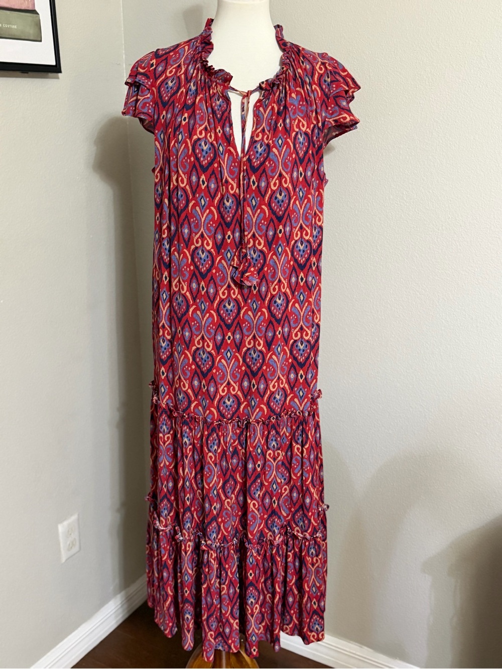 STS Sail to Sable Red Ikat Ruffle Neck Tiered Midi Dress M